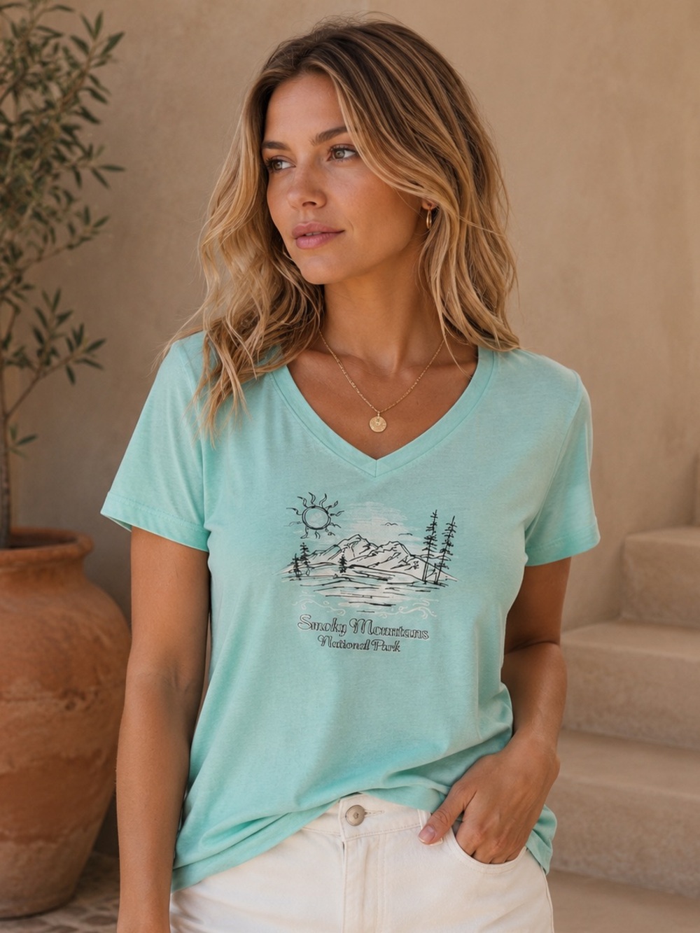 EMI Sportswear Smoky Mountains National Park Cotton V Neck Tee Teal Size Large